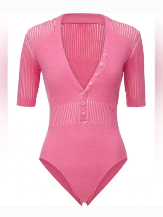 Jacquemus Le Body Yauco Polo Bodysuit Size S Pink Knit Buttons Stretch Barbie - Picture 8 of 11